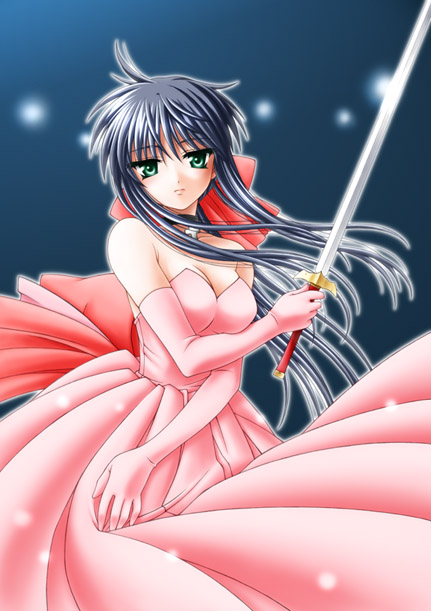 mahitovii, kawasumi mai, kanon, 1girl, blue hair, breasts, cleavage, dress, elbow gloves, female focus, gloves, green eyes, long hair, solo, sword, weapon