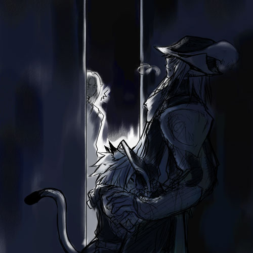 branch (blackrabbits), elvaan, mithra (ff11), red mage (final fantasy), final fantasy, final fantasy xi, lowres, 00s, 1girl, 2boys, animal ears, breasts, cat ears, cat tail, caught, dark, elf, fellatio, multiple boys, oral, penis, petite, pointy ears, tail