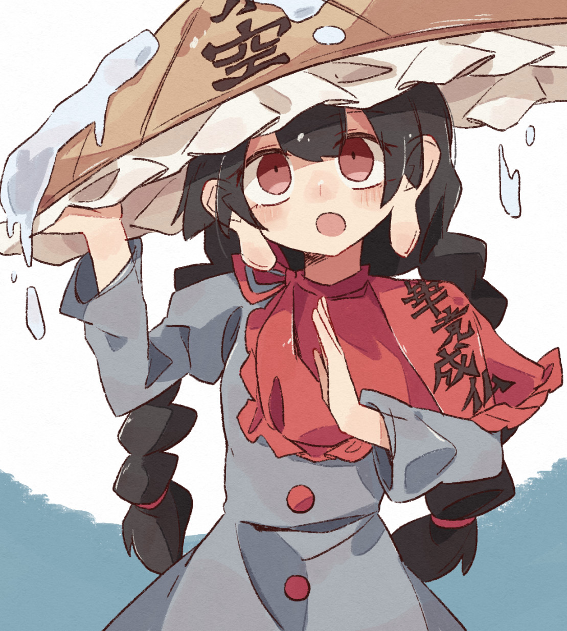 minoru minoru, yatadera narumi, touhou, braided twintails, commentary request, highres, 1girl, black hair, blush, braid, buttons, capelet, cowboy shot, dot pupils, dress, grey dress, hand on headwear, hat, long earlobes, long hair, nose blush, open mouth, red capelet, red eyes, snow, solo, straw hat, white background