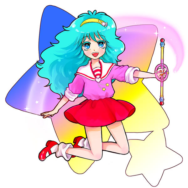 pinkmm, hayami persia, persia (mahou no yousei persia), mahou no yousei persia, bad id, bad pixiv id, 1girl, aqua eyes, aqua hair, blue eyes, blue hair, female focus, hairband, headband, jumping, kneeling, magical girl, mary janes, matching hair/eyes, open mouth, retro artstyle, sailor collar, shoes, skirt, sleeves rolled up, smile, socks, solo, star (symbol), wand