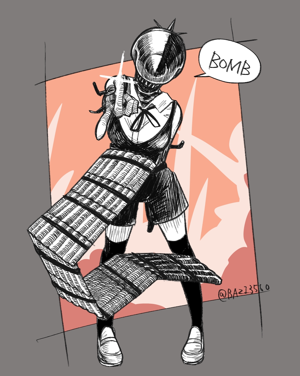 bazi 3560, bomb devil (chainsaw man), chainsaw man, commentary request, highres, 1girl, apron, collared shirt, dynamite, english text, explosive, full body, gloves, loafers, neck ribbon, object head, ribbon, shirt, shoes, shorts, solo, speech bubble, standing, thighhighs, twitter username