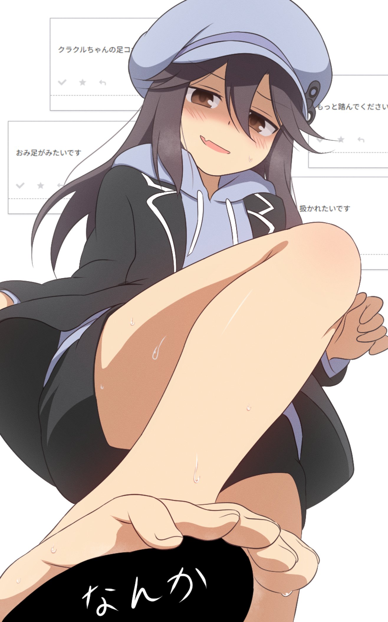 curakuru, character request, copyright request, highres, 1girl, bare legs, barefoot, black hair, black jacket, black shorts, blush, brown eyes, fang, feet, foot focus, foreshortening, grey hat, grey hoodie, hair between eyes, hat, hood, hood down, hoodie, jacket, legs, long hair, long sleeves, looking at viewer, open clothes, open jacket, shorts, skin fang, solo, stepping, sweatdrop, toenails, toes, white background