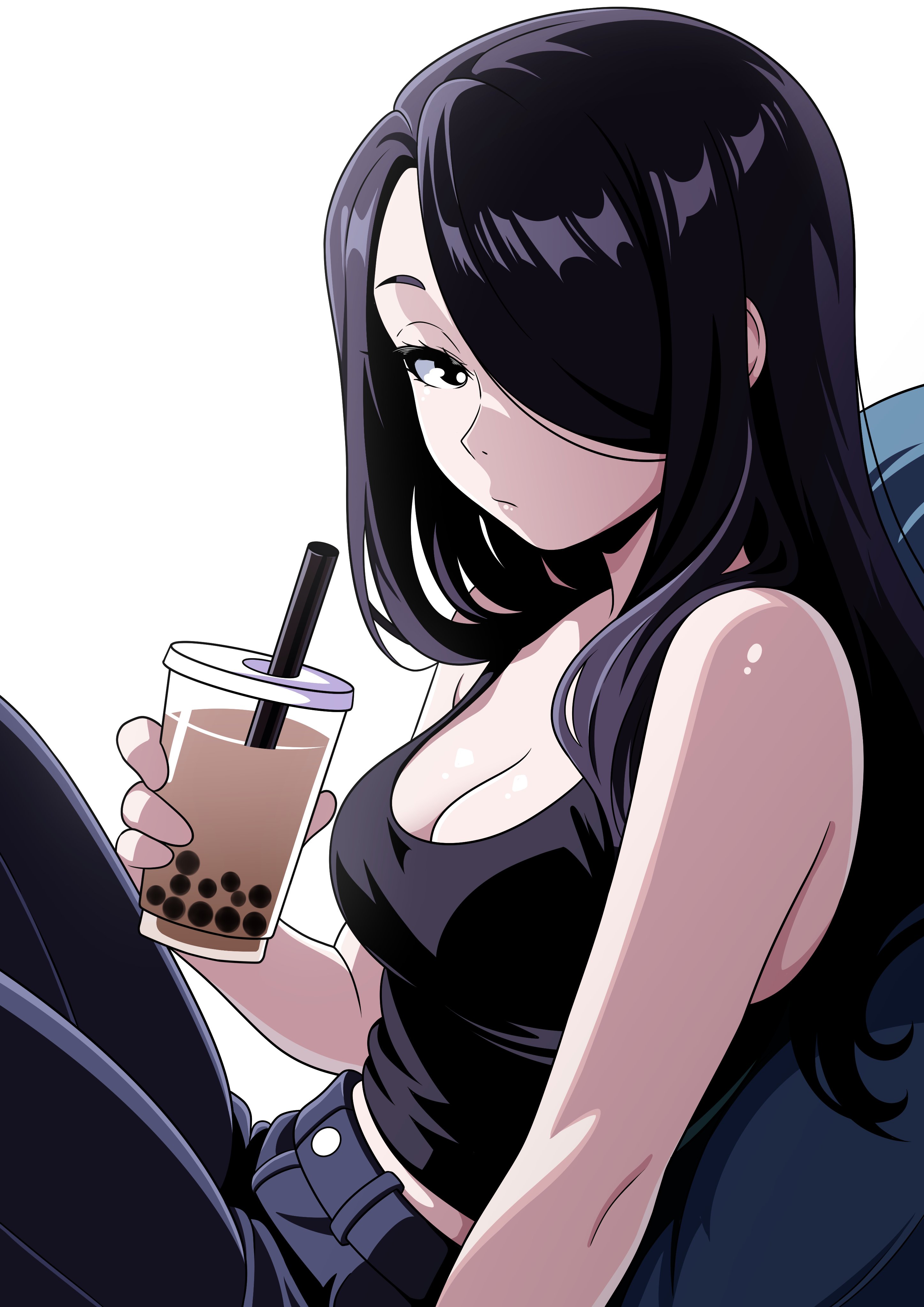 theoiledone, nila (telepurte), original, absurdres, commentary, english commentary, highres, 1girl, bare arms, bare shoulders, black eyes, black hair, black pants, black tank top, borrowed character, breasts, bubble tea, cleavage, closed mouth, drink, from side, hair over one eye, holding, holding drink, knees up, long hair, looking at viewer, medium breasts, midriff peek, pants, sitting, solo, tank top, white background