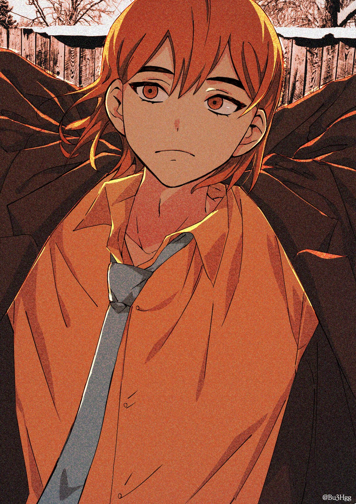 bu3hgg, kel (faraway) (omori), kel (omori), omori, commentary request, highres, korean commentary, 1boy, arms behind head, backlighting, black jacket, blue necktie, brown eyes, brown hair, closed mouth, collarbone, collared shirt, double-parted bangs, facing viewer, film grain, frown, hair behind ear, hair between eyes, jacket, lapels, looking to the side, male focus, necktie, notched lapels, official alternate costume, open clothes, open jacket, orange shirt, outdoors, photo background, shirt, short hair, solo, straight-on, twitter username, upper body