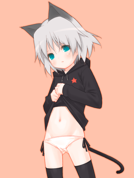 0123456789, sanya v. litvyak, strike witches, world witches series, silver hair, 00s, 1girl, animal ears, black thighhighs, blue eyes, blush, clothes lift, female focus, lowleg, lowleg panties, panties, shirt lift, short hair, side-tie panties, solo, tail, thighhighs, underwear, white panties