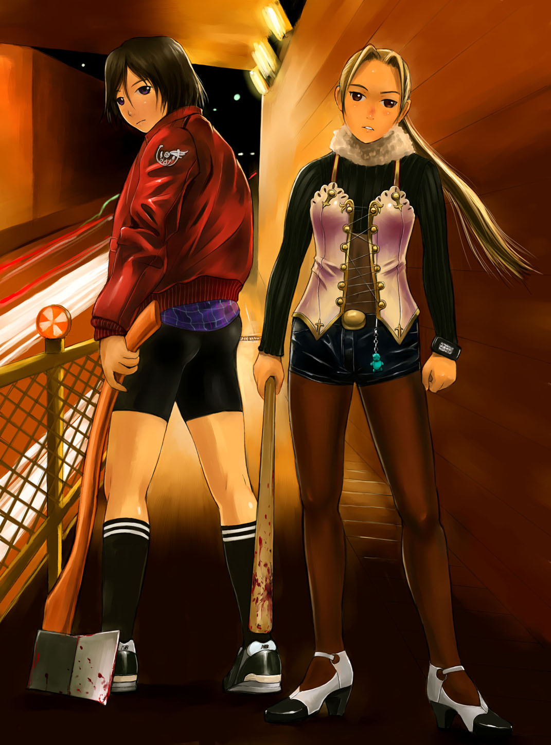 mimura kaoru, original, highres, 2girls, axe, baseball bat, black hair, blonde hair, blood, brown eyes, high heels, jacket, legs, long hair, multiple girls, pantyhose, pantyhose under shorts, purple eyes, shoes, short hair, shorts, skirt, tomboy, tunnel, weapon