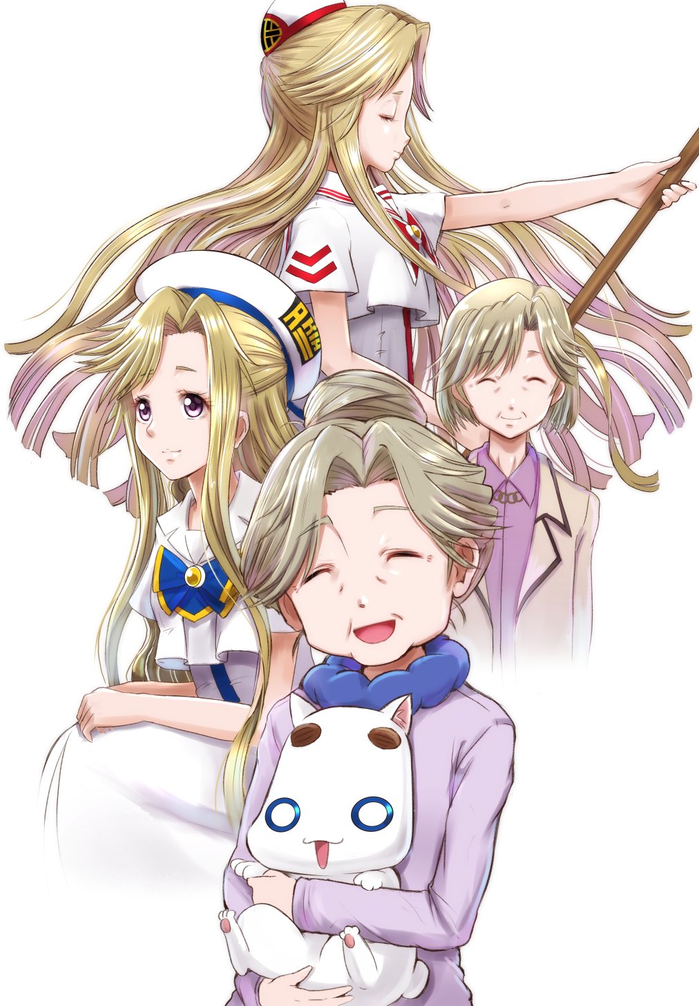 telaform, ametsuchi akino, aria pokoteng, aria (manga), highres, 1girl, aria company uniform, beret, blonde hair, blue bow, blue bowtie, bow, bowtie, cat, closed eyes, closed mouth, dress, eyelashes, gold trim, hair bun, hair intakes, hat, himeya company uniform, holding, holding oar, jacket, long hair, looking at viewer, mature female, oar, parted bangs, purple eyes, purple jacket, purple shirt, red bow, red bowtie, sailor collar, shirt, sidelocks, simple background, smile, upper body, very long hair, white background, white cat, white dress, white hat, wrinkled skin