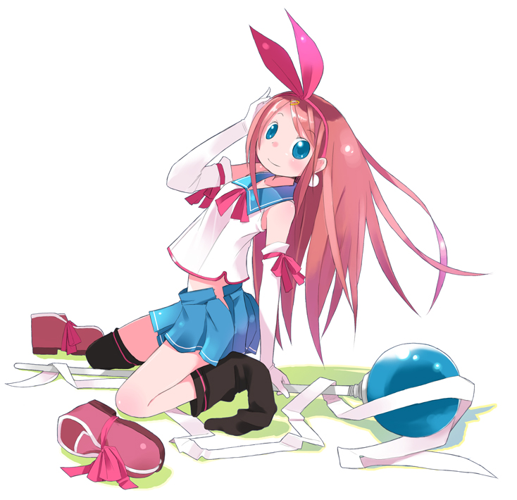 shiba yuusuke, original, blue eyes, brown hair, elbow gloves, gloves, long hair, school uniform, serafuku, skirt, solo, thighhighs
