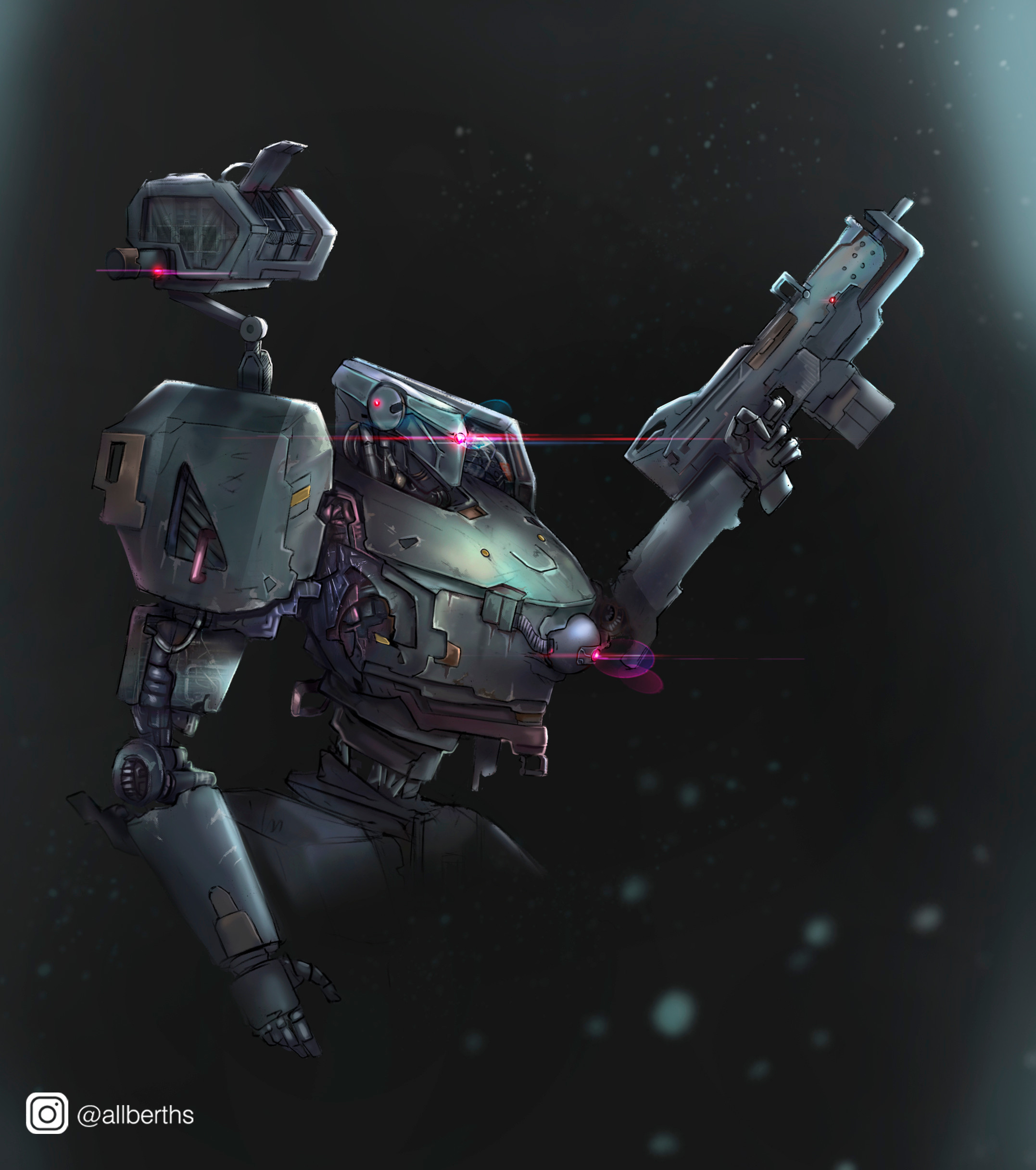 abosargsyan, armored core, absurdres, highres, artificial eye, gun, holding, holding gun, holding weapon, machinery, mecha, mechanical arms, mechanical eye, mechanical hands, mechanization, missile pod, one-eyed, robot, science fiction, weapon