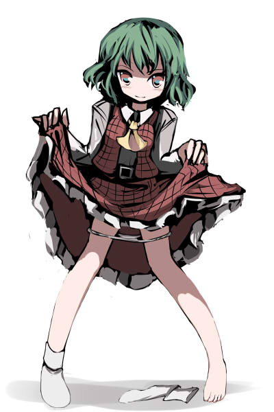 gatau, kazami yuuka, touhou, 1girl, ascot, barefoot, clothes lift, female focus, multicolored eyes, panties, panty pull, plaid clothes, plaid skirt, plaid vest, single sock, skirt, skirt lift, skirt set, socks, solo, underwear, vest