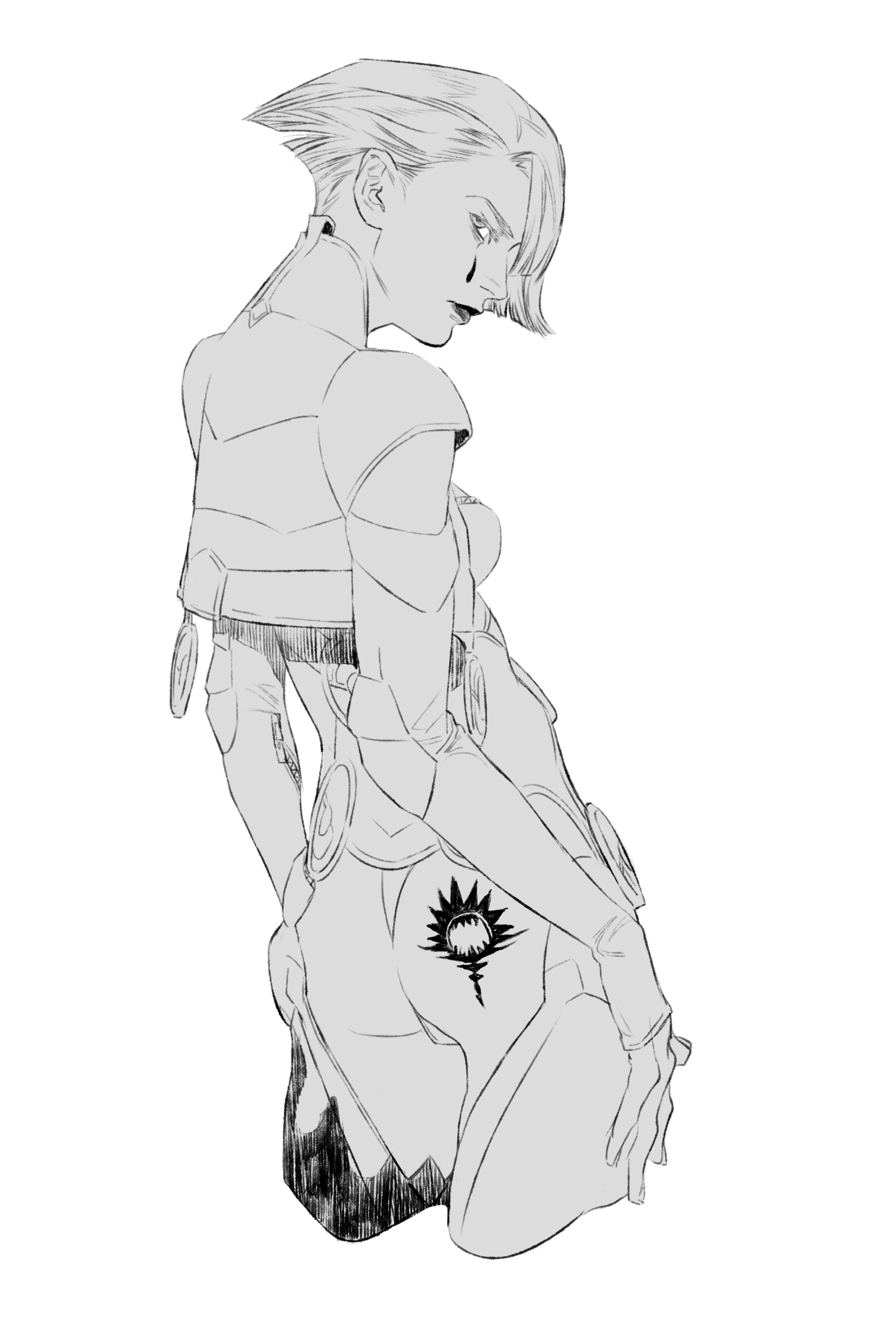 ts kaleidoscope, jinana, digital devil saga, highres, 1girl, ass tattoo, facial mark, greyscale, lipstick, looking at viewer, makeup, monochrome, open clothes, open vest, short hair, solo, tattoo, teardrop facial mark, thong, vest, white background