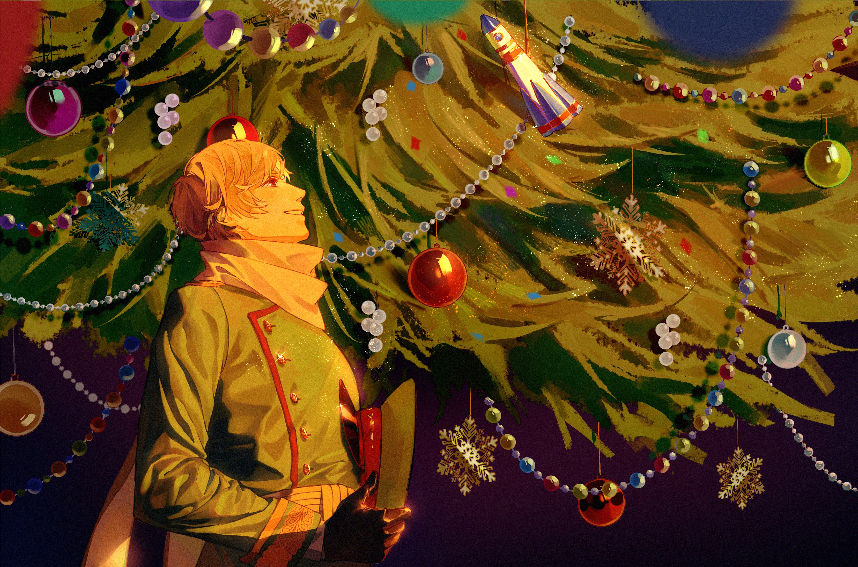 rj91026205, russia (hetalia), axis powers hetalia, absurdres, highres, 1boy, belt, black gloves, blonde hair, buttons, christmas, christmas ornaments, christmas tree, garland (decoration), gloves, green hat, green jacket, hair between eyes, hat, holding, holding unworn clothes, holding unworn hat, jacket, long sleeves, looking at object, looking up, male focus, military hat, military jacket, military uniform, purple eyes, scarf, short hair, smile, solo, spacecraft, sparkle, star ornament, teeth, unworn hat, unworn headwear, white scarf, yellow belt