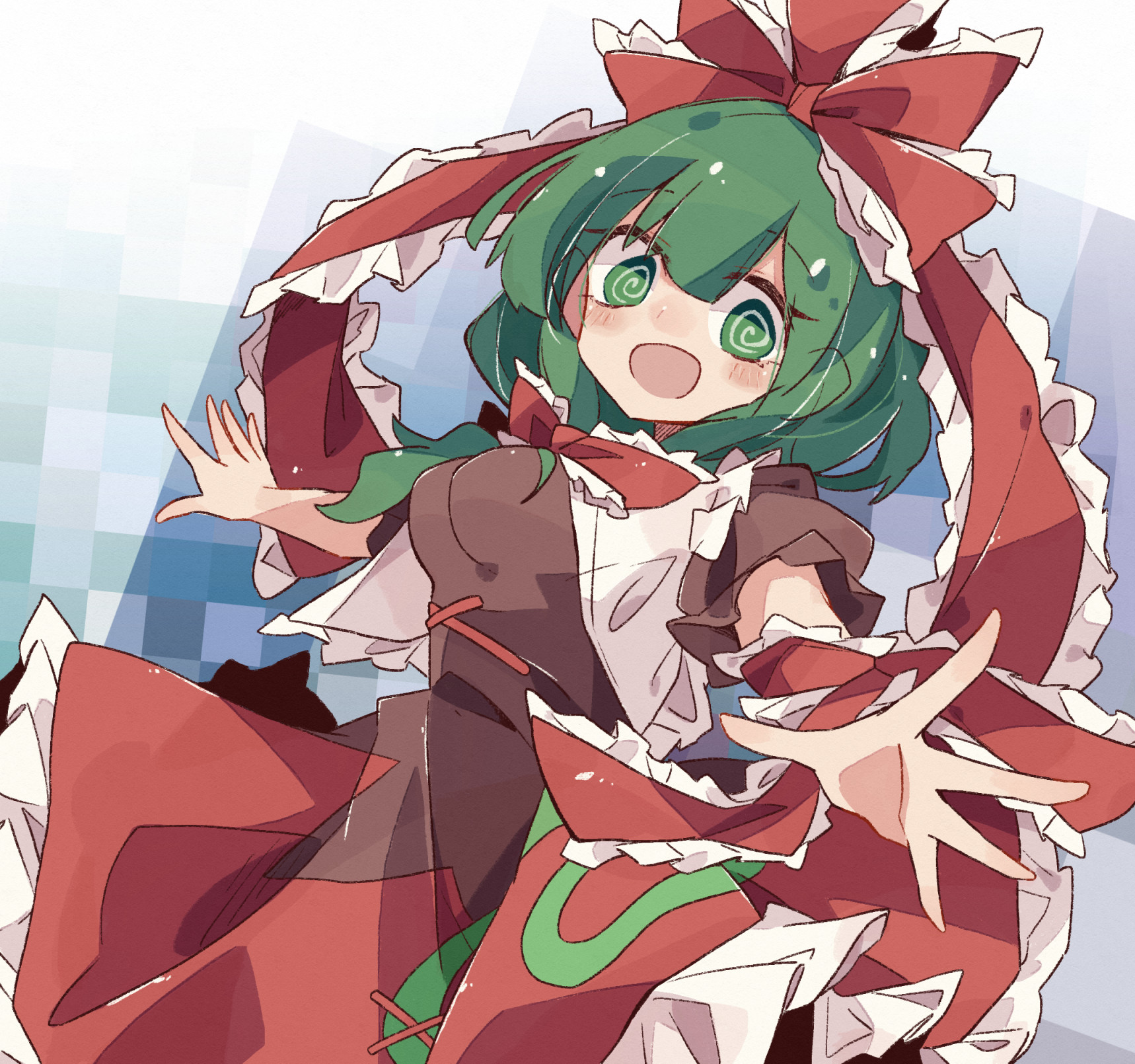 minoru minoru, kagiyama hina, touhou, commentary request, highres, 1girl, :d, @ @, arm ribbon, blue background, blush, bow, breasts, cowboy shot, dress, ears visible through hair, frilled bow, frilled dress, frilled ribbon, frills, front ponytail, green hair, hair bow, hair ribbon, long hair, looking at viewer, medium breasts, open mouth, outstretched arms, pixelated background, red dress, red ribbon, ribbon, smile, solo