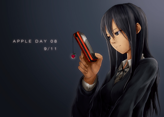 shouhei, original, looking away, /i, 00s, 1girl, 2008, black hair, blazer, brown eyes, cameo, cellphone, digital media player, female focus, ipod, jacket, long hair, neck ribbon, phone, ribbon, school uniform, shirt, smile, solo, very long hair, vest