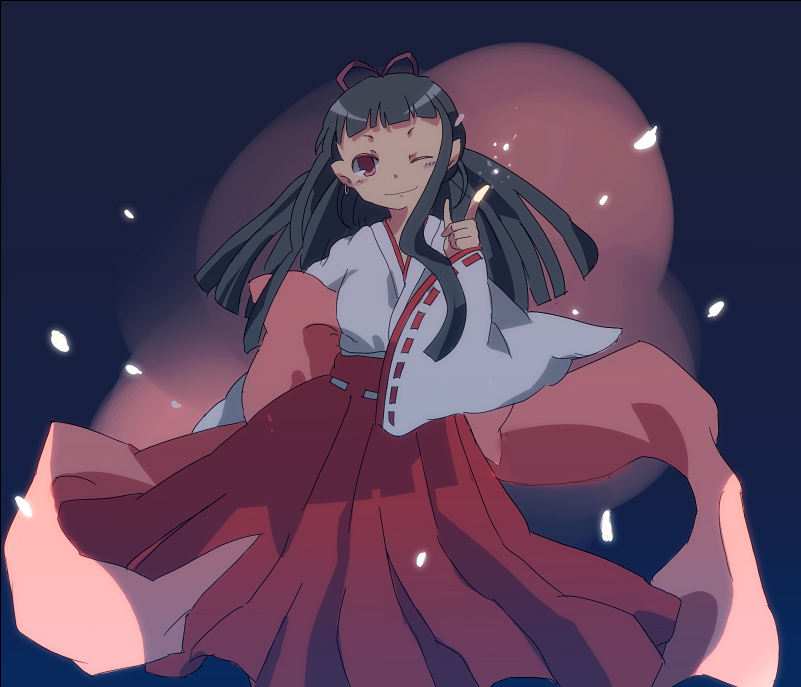 keko, original, 1girl, black hair, blunt bangs, blush, detached sleeves, female focus, hakama, hakama skirt, head tilt, japanese clothes, kimono, long hair, looking at viewer, miko, red eyes, red hakama, ribbon-trimmed sleeves, ribbon trim, skirt, solo