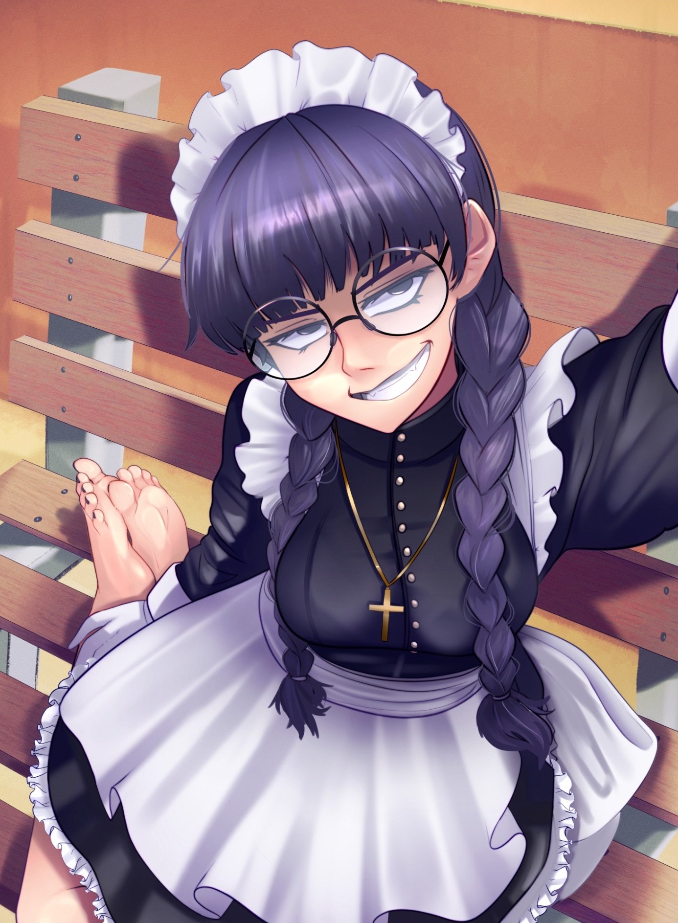 blysill, roberta (black lagoon), black lagoon, commentary, commission, english commentary, highres, 1girl, apron, arm up, barefoot, black dress, braid, breasts, chair, cross, cross necklace, day, dress, feet, gloves, grey eyes, hair over shoulder, impossible clothes, impossible dress, jewelry, long sleeves, looking at viewer, maid, maid apron, maid headdress, medium breasts, nail polish, necklace, on chair, outdoors, purple hair, purple nails, round eyewear, shadow, sitting, smile, solo, teeth, toenail polish, toenails, toes, twin braids, white apron, white gloves