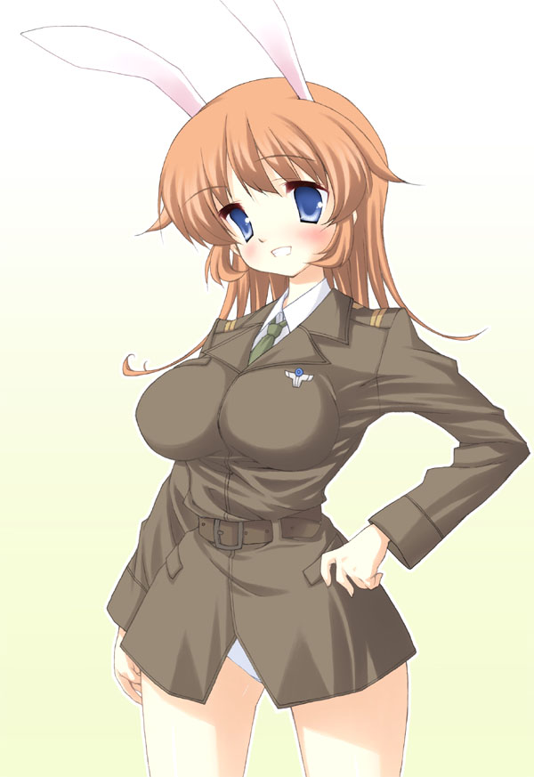nishikiori jin, nishikiori kami, charlotte e. yeager, strike witches, world witches series, 00s, 1girl, animal ears, blush, bottomless, breasts, female focus, large breasts, rabbit ears, rabbit girl, solo, tight clothes