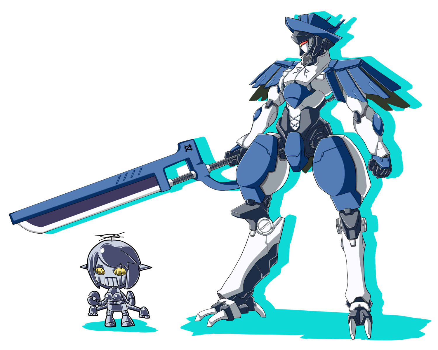 itini-sanshi, souseiseki, rozen maiden, commentary request, highres, holding, holding sword, holding weapon, mecha, mechanization, no humans, robot, simple background, sword, weapon, white background