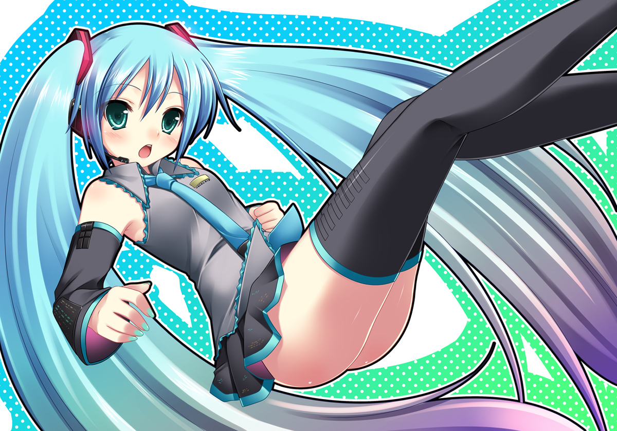 hazuki (etcxetc), hatsune miku, vocaloid, 1girl, aqua eyes, aqua nails, blue hair, blush, detached sleeves, female focus, flat chest, kneepits, legs, legs up, long hair, nail polish, no panties, open mouth, skirt, solo, thighhighs, thighs, twintails, very long hair