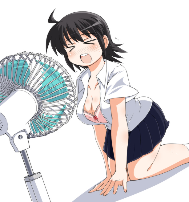 naitou kouse, > <, 1girl, black hair, bra, breasts, cleavage, closed eyes, electric fan, fanning face, fanning self, female focus, hot, kneeling, large breasts, lingerie, open clothes, open shirt, school uniform, serafuku, shirt, short hair, simple background, solo, talking into fan, underwear, white background