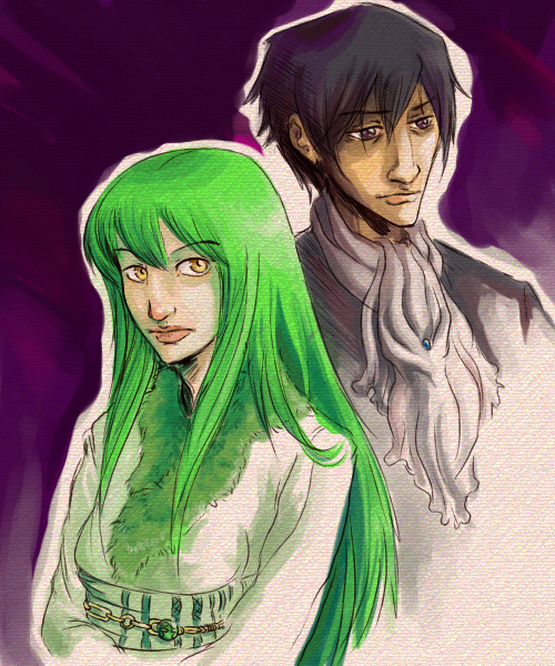 c.c., lelouch vi britannia, code geass, 00s, 1boy, green hair, long hair, purple eyes, purple hair, yellow eyes