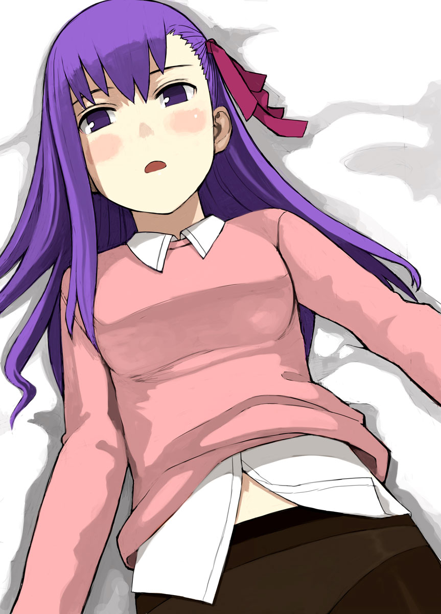 yu 65026, matou sakura, fate/stay night, fate (series), bad id, bad pixiv id, highres, 00s, long hair, lying, panties, panties under pantyhose, pantyhose, purple eyes, purple hair, solo, underwear