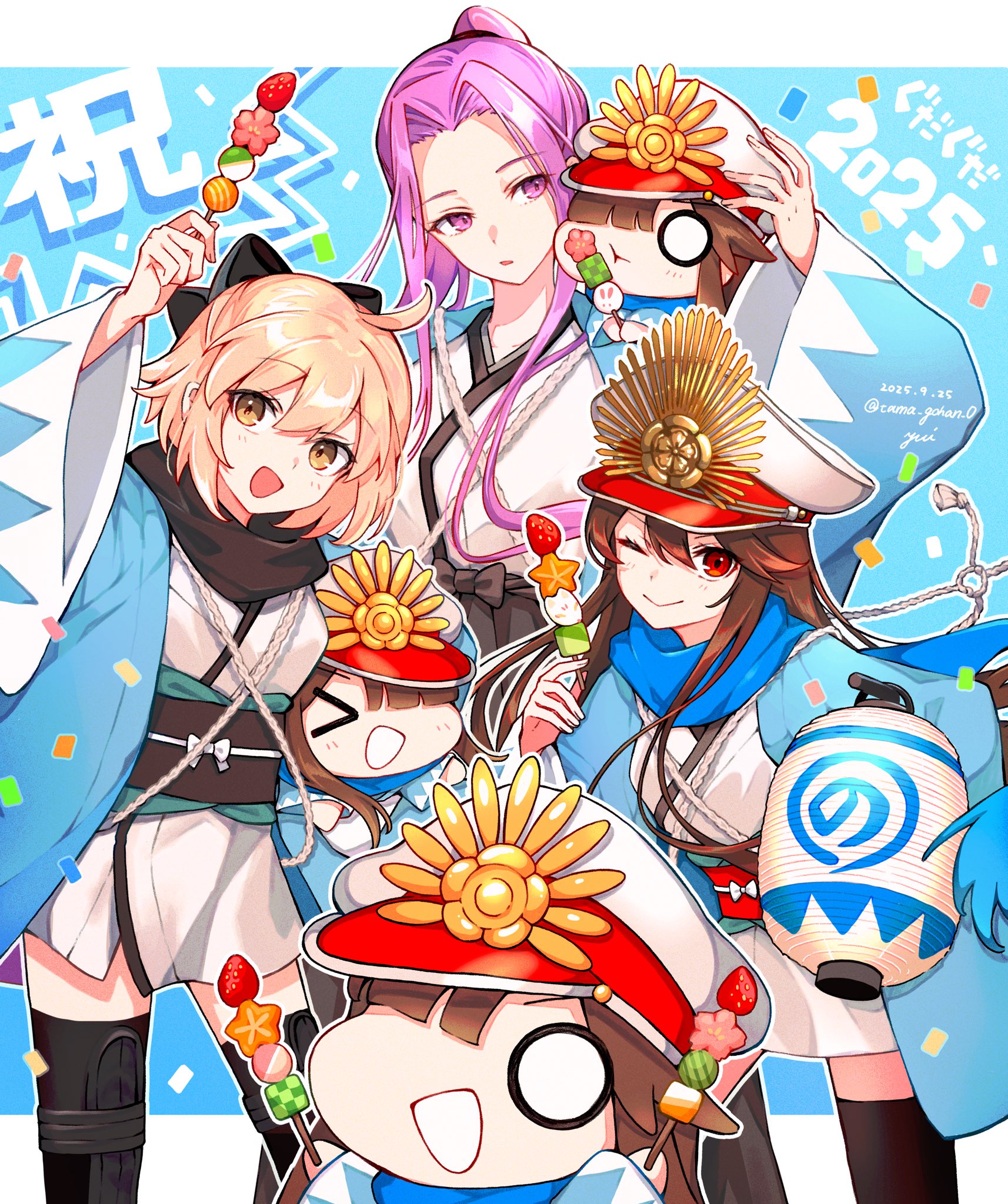 yui (tamagohan), medusa (fate), medusa (rider) (fate), mini nobu (fate), oda nobunaga (fate), okita souji (fate), okita souji (koha-ace), fate/grand order, fate (series), commentary, commentary request, highres, 6+girls, ahoge, aqua haori, armor, black bow, black sash, black scarf, black thighhighs, blonde hair, blue scarf, bow, breasts, brown hair, closed mouth, double-parted bangs, food, forehead, frown, hair between eyes, hair bow, haori, hat, holding, holding food, holding skewer, japanese armor, japanese clothes, kimono, lantern, large breasts, leg armor, long hair, long sleeves, looking at viewer, medium breasts, multiple girls, one eye closed, open mouth, paper lantern, parted bangs, purple eyes, purple hair, red eyes, sash, scarf, short hair, sidelocks, skewer, smile, thighhighs, twitter username, white kimono, wide sleeves, yellow eyes