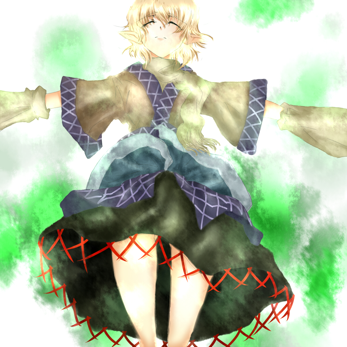 takuan (kyou sonogoro), takuan (pixiv), mizuhashi parsee, touhou, highres, 1girl, blonde hair, cowboy shot, female focus, from below, japanese clothes, kimono, legs apart, outstretched arms, short hair, solo, standing