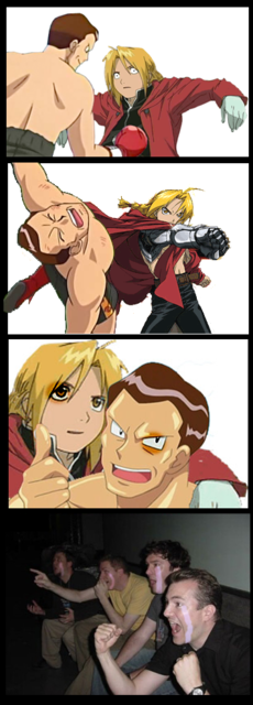 edward elric, giovanni (pokemon), nintendo, pokemon, 4koma, battle, boxing, boxing gloves, bruise, comic, crossover, gaijin 4koma (meme), injury, meme, tears