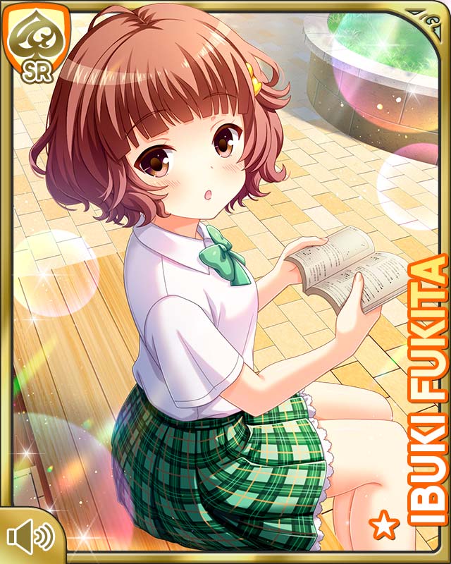 qp:flapper, fukita ibuki, girlfriend (kari), official art, 1girl, :o, bench, bird, bow, brown eyes, brown hair, card (medium), character name, day, duck, green bow, green skirt, hair ornament, hairclip, looking at viewer, open mouth, outdoors, plaid clothes, plaid skirt, school uniform, shirt, short hair, sitting, skirt, white shirt