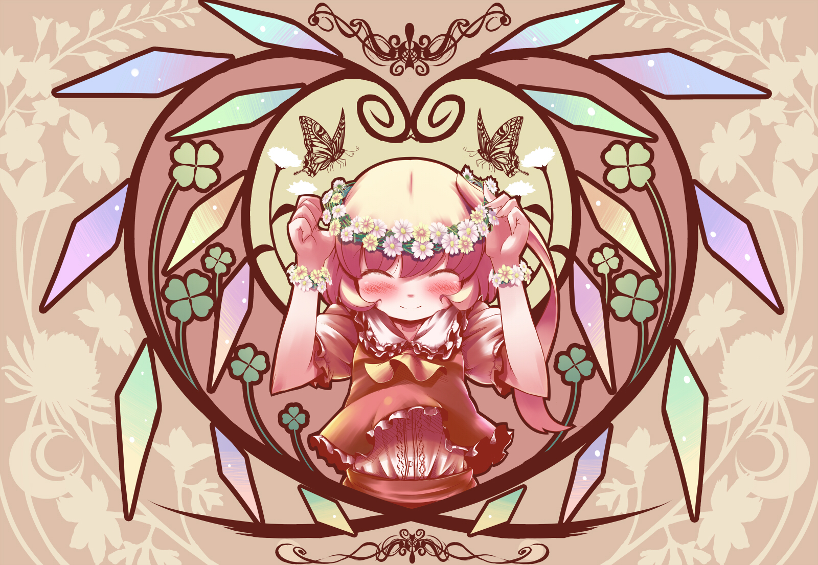 takahero, flandre scarlet, touhou, highres, 1girl, blonde hair, blush, bug, butterfly, clover, female focus, flower, four-leaf clover, short hair, smile, solo, wings
