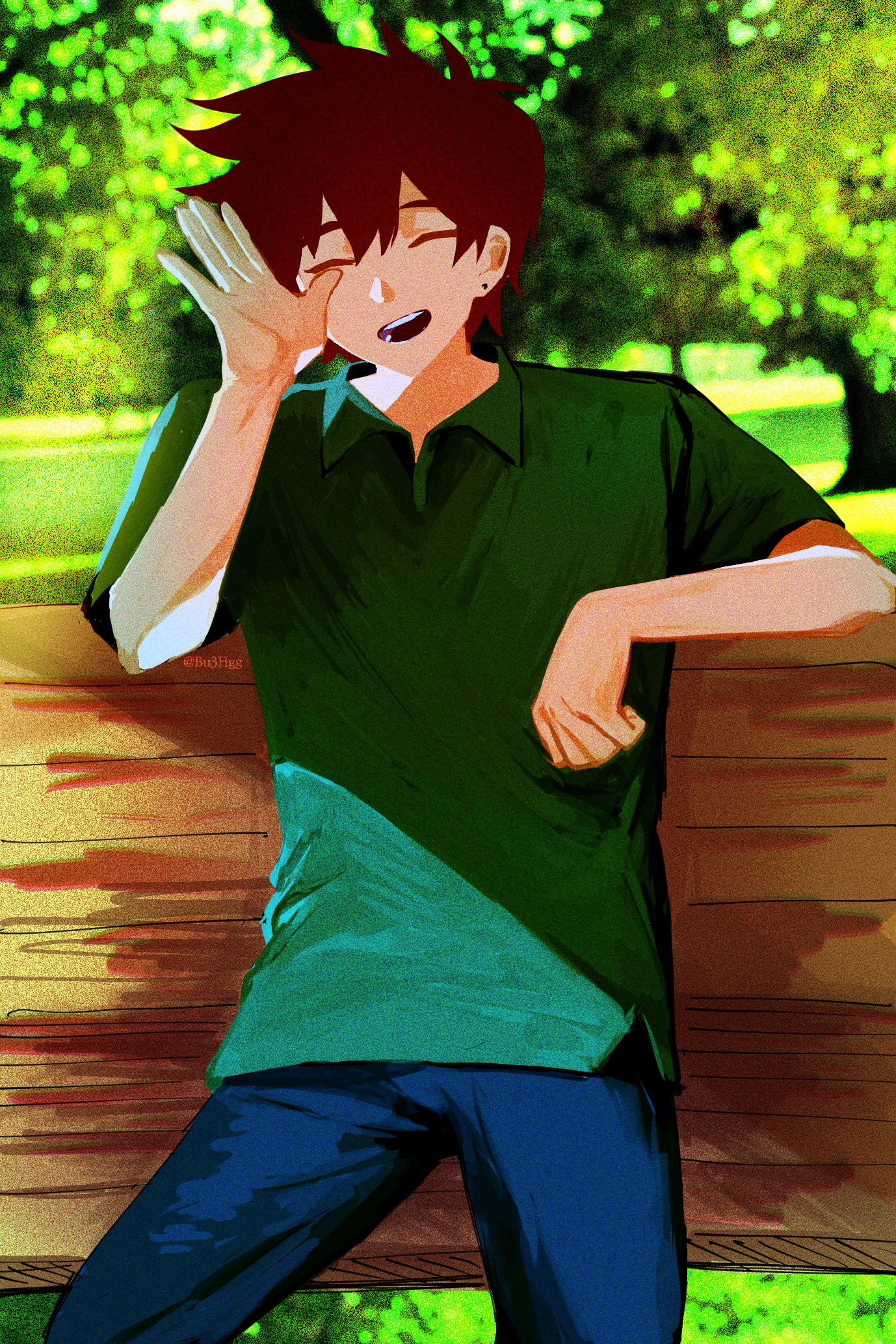 bu3hgg, hero (faraway) (omori), hero (omori), omori, hashtag-only commentary, highres, 1boy, :d, ^ ^, antenna hair, bench, blue pants, brown hair, closed eyes, collared shirt, cowboy shot, day, denim, double-parted bangs, earrings, elbow rest, facing viewer, film grain, grass, green shirt, hair behind ear, hair between eyes, hand up, jeans, jewelry, male focus, no lineart, on bench, open mouth, outdoors, pants, photo background, shirt, short hair, short sleeves, sitting, smile, stud earrings, teeth, tree, very short hair, waving, wooden bench