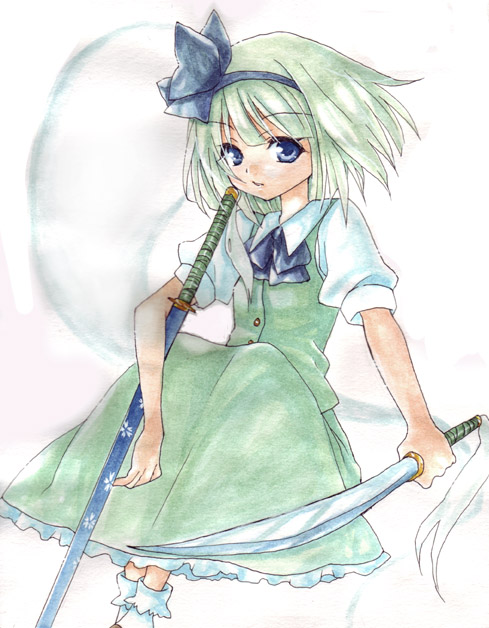 midori (green tea), midori (pixiv), konpaku youmu, konpaku youmu (ghost), touhou, silver hair, bad id, bad pixiv id, traditional media, 1girl, blonde hair, blue eyes, bobby socks, female focus, ghost, hairband, katana, looking at viewer, ribbon, school uniform, serafuku, short hair, sitting, socks, solo, sword, weapon