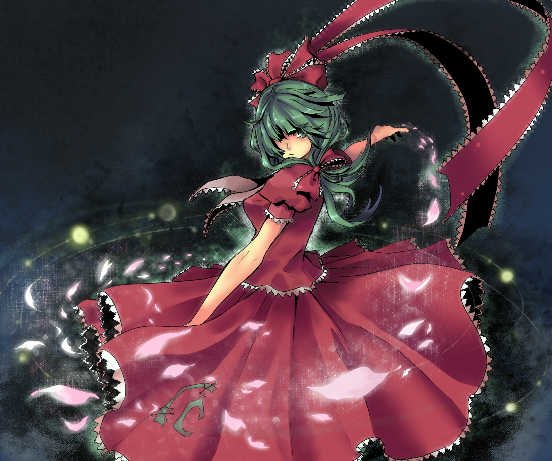 sasata, kagiyama hina, touhou, bad id, bad pixiv id, 1girl, female focus, green hair, long hair, ribbon, solo, standing