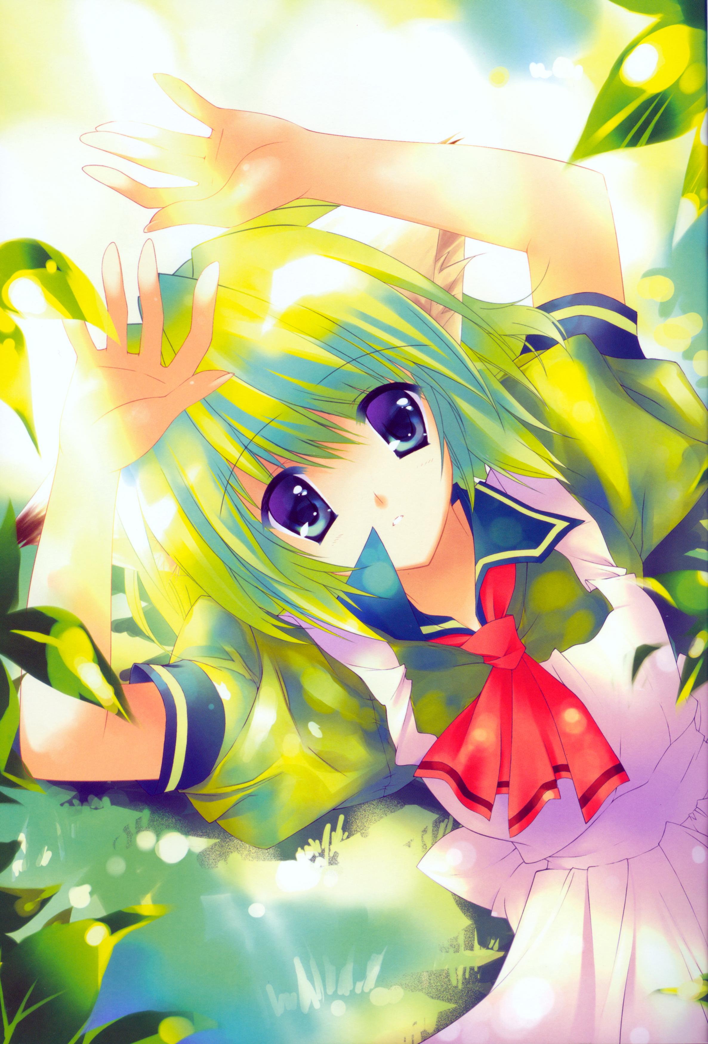 greenwood, rei (rei's room), midori (greenwood), original, absurdres, highres, animal ears, blue eyes, green hair, leaf, school uniform, serafuku, solo