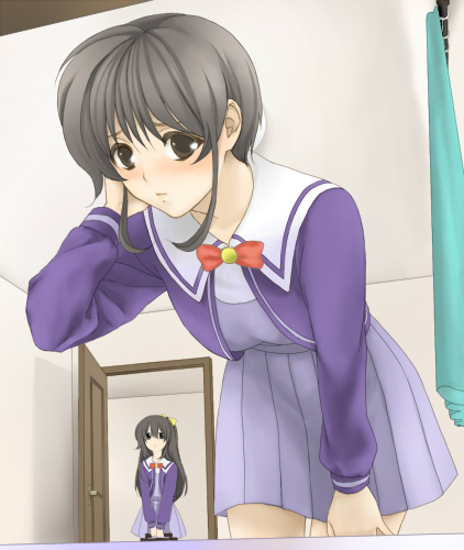 touichi, bad id, bad pixiv id, lowres, 2girls, bent over, black eyes, black hair, female focus, indoors, multiple girls, school uniform, serafuku, short hair, skirt, standing