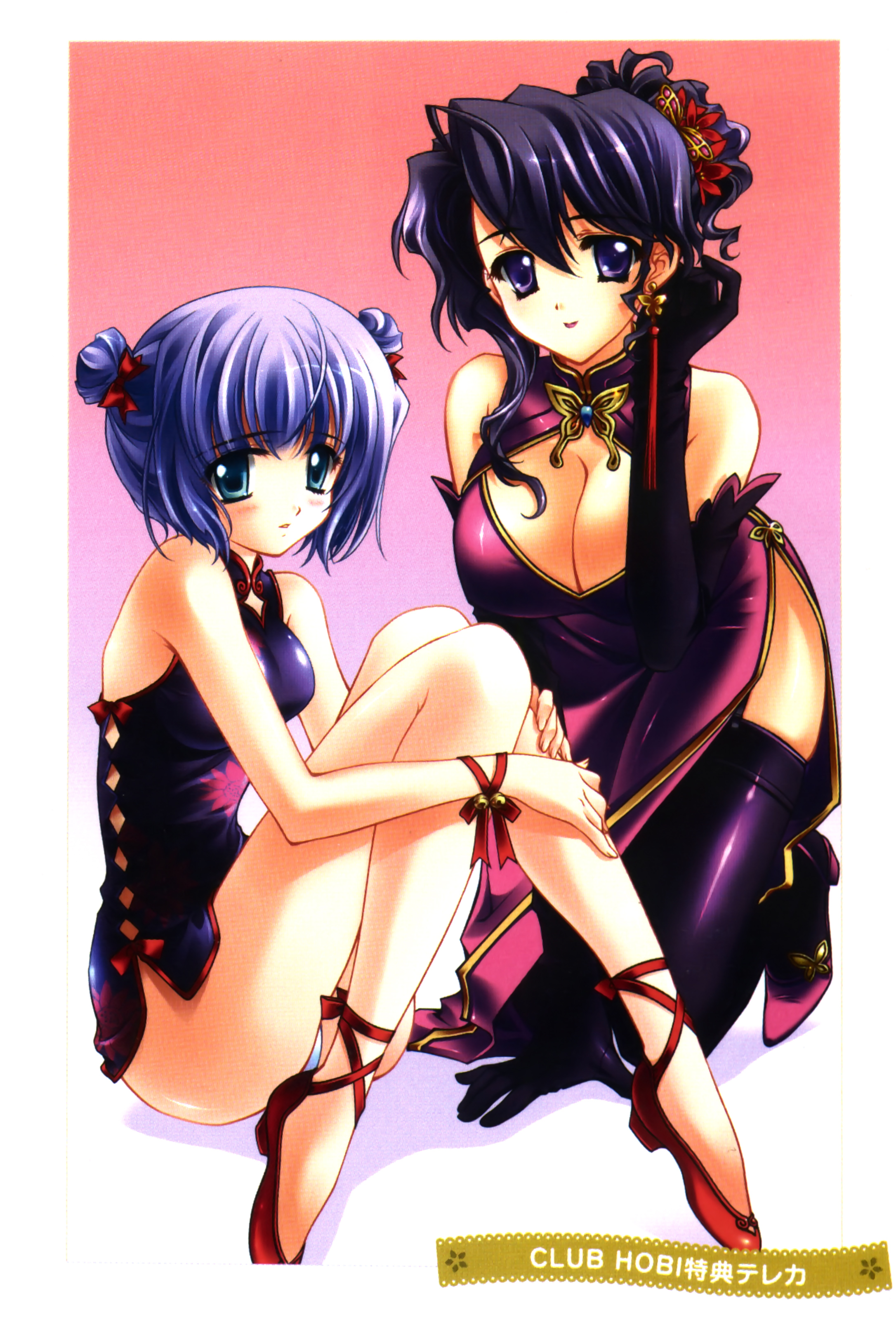 carnelian, sugiyama genshou, ena (quilt), sia (quilt), quilt (game), absurdres, highres, scan, 2girls, blanket, blue hair, blush, breasts, cleavage, cleavage cutout, clothing cutout, high heels, large breasts, legs, medium breasts, multiple girls, purple eyes, purple hair, quilt, short hair