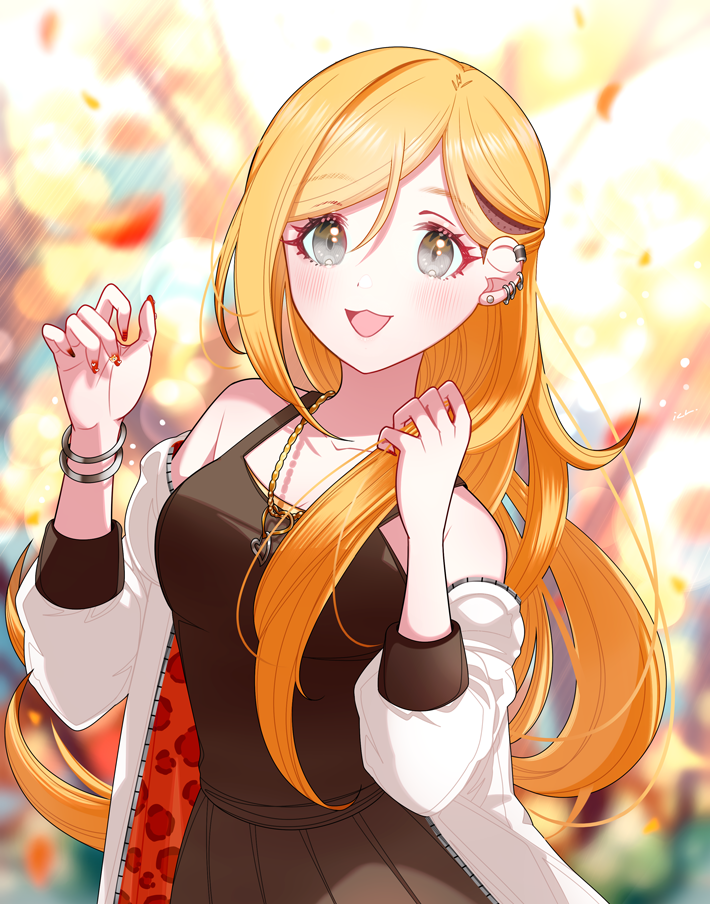 ich., fujimoto rina, idolmaster, idolmaster cinderella girls, commentary request, 1girl, :3, blonde hair, blurry, blurry background, blush, bracelet, brown dress, dot nose, dress, ear piercing, earrings, eyelashes, grey eyes, hair over shoulder, jacket, jewelry, long hair, nail polish, necklace, off shoulder, open clothes, open jacket, open mouth, piercing, red nails, smile, solo, undercut, white jacket