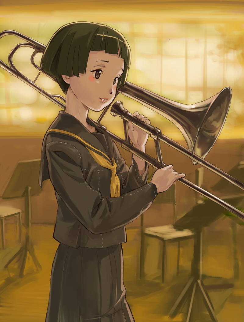 makacoon, matsunaga ayane, atlus, megami tensei, persona, persona 4, shin megami tensei, 1girl, artistic error, black hair, bob cut, female focus, instrument, school uniform, serafuku, short hair, solo, sunset, trombone