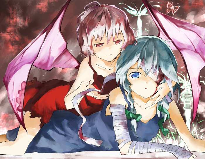 ogawa maiko, izayoi sakuya, remilia scarlet, touhou, 2girls, alternate costume, bandage over one eye, bandages, blood, dress, eyepatch, female focus, girl on top, hug, lying, multiple girls, on stomach, straddling, wings, yuri