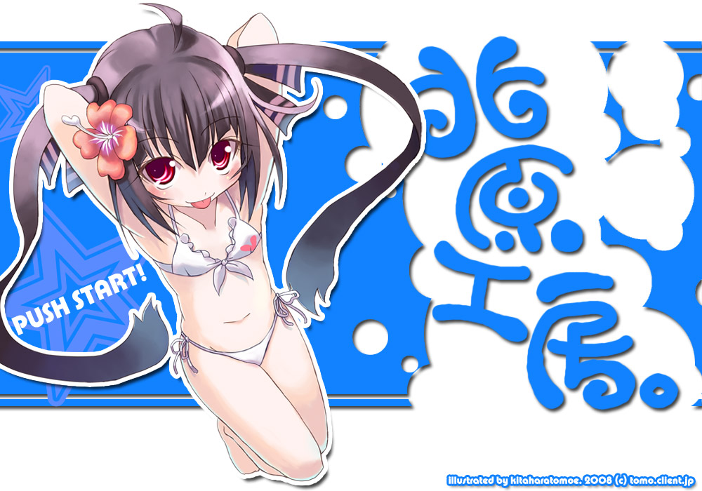 kitahara tomoe (kitahara koubou), kooh (pangya), pangya, 1girl, artist name, bikini, female focus, flower, hibiscus, kitahara tomo moe, long hair, solo, swimsuit, tongue, twintails, white bikini