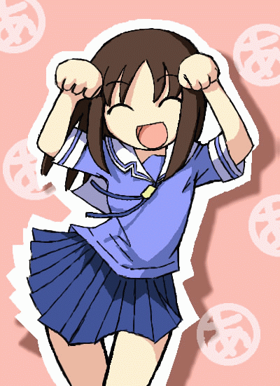 morichan, kasuga ayumu, azumanga daiou, brown hair, caramelldansen, closed eyes, dancing, long hair, school uniform, serafuku, simple background, smile, solo
