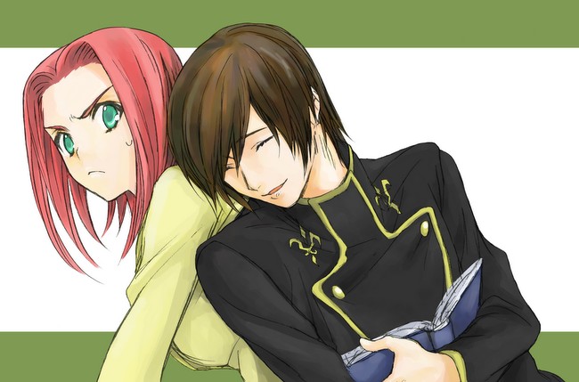 touichi, kouzuki kallen, lelouch vi britannia, code geass, bad id, bad pixiv id, 00s, blue eyes, brown hair, green eyes, pink hair, red hair, short hair