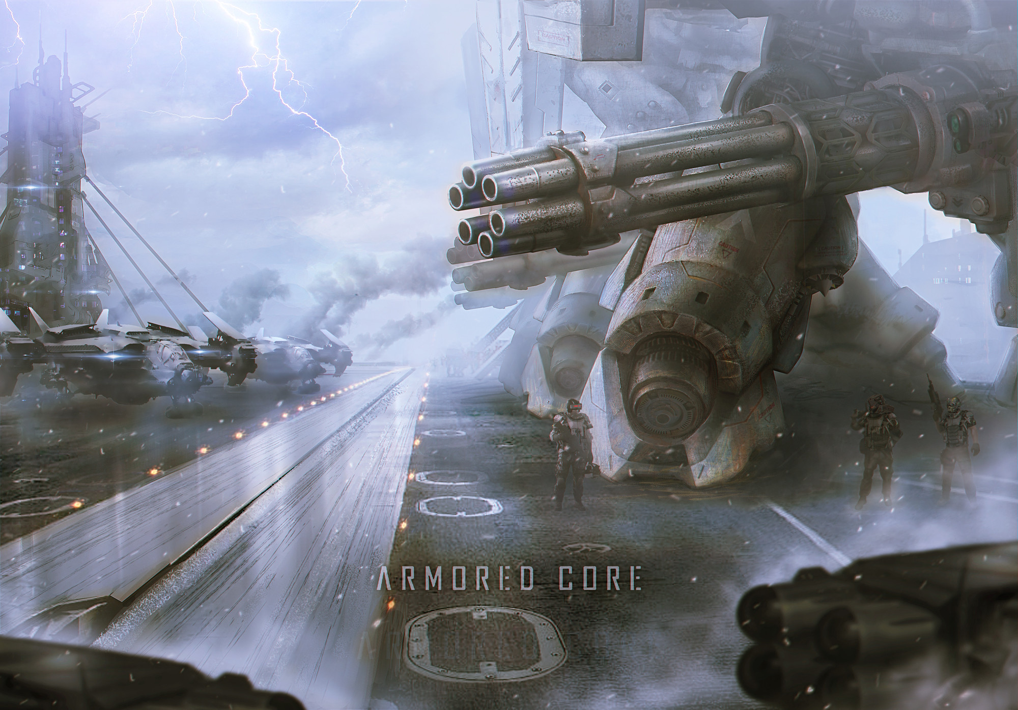 ray tang, armored core, highres, aircraft, airplane, gatling gun, gun, joints, machinery, mecha, mecha focus, mechanical legs, missile, robot, robot joints, science fiction, weapon