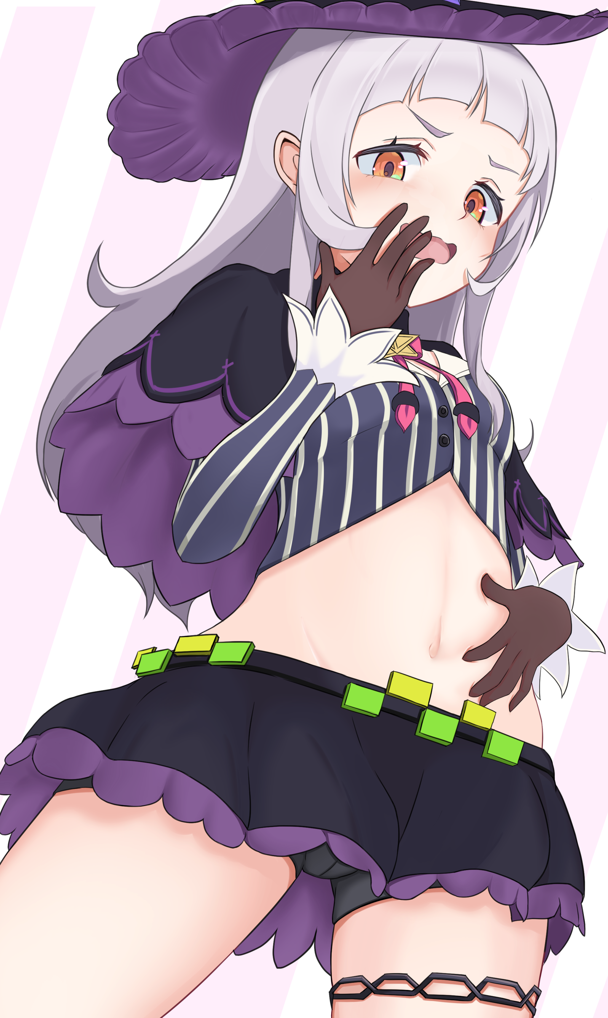 hishaku (7stel2ar), murasaki shion, murasaki shion (1st costume), hololive, absurdres, highres, 1girl, bike shorts, bike shorts under skirt, black shorts, covered mouth, embarrassed, gloves, hat, midriff, navel, shorts, skirt, solo, stomach, virtual youtuber, wavy mouth, white hair, witch hat, yellow eyes