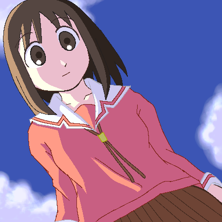 morichan, kasuga ayumu, azumanga daiou, lowres, 1girl, brown hair, cloud, day, female focus, from below, long hair, looking down, looking up, outdoors, school uniform, serafuku, sky, solo, standing, upper body