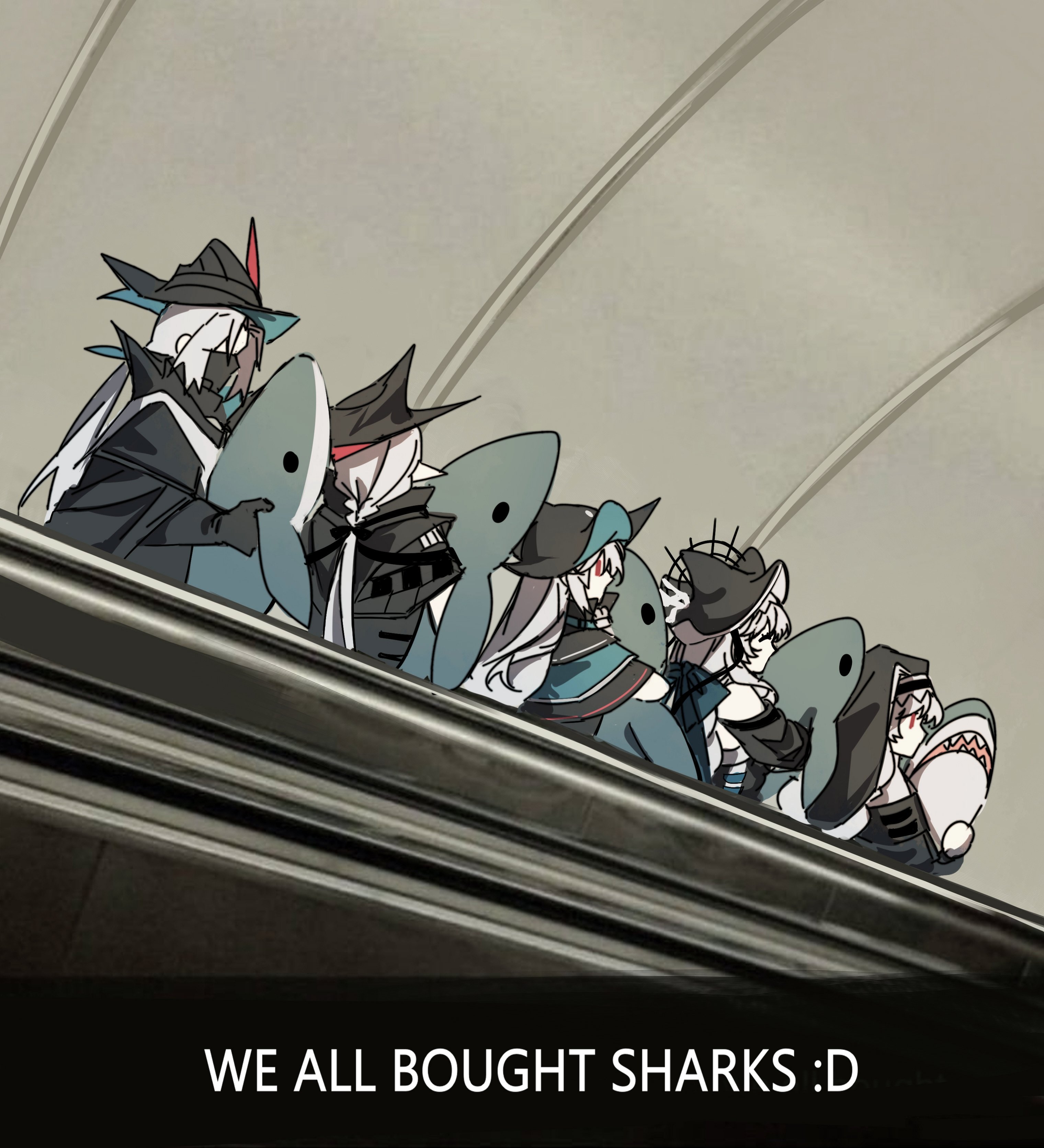 mahimeko, gladiia (arknights), skadi (arknights), specter (arknights), specter the unchained (arknights), ulpianus (arknights), arknights, absurdres, commentary, highres, symbol-only commentary, 1boy, 4girls, black cape, black gloves, black hat, black mask, cape, detached sleeves, dual persona, english text, from side, gloves, grey hair, hat, holding, holding stuffed toy, long hair, long sleeves, mask, mouth mask, multiple girls, official alternate costume, pointy ears, red eyes, shark, standing, stuffed animal, stuffed toy, upper body