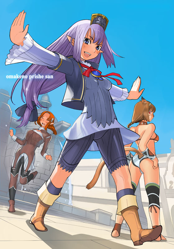 robina, elvaan, mithra (ff11), prishe, ulmia, final fantasy, final fantasy xi, 00s, 3girls, :d, ass, black leggings, blue sky, blush, building, cat girl, day, dutch angle, elf, full body, jacket, leggings, long sleeves, looking at viewer, multiple girls, open clothes, open jacket, open mouth, outdoors, outstretched arms, pointy ears, running, short shorts, shorts, skin tight, sky, smile, standing, thighhighs, zettai ryouiki