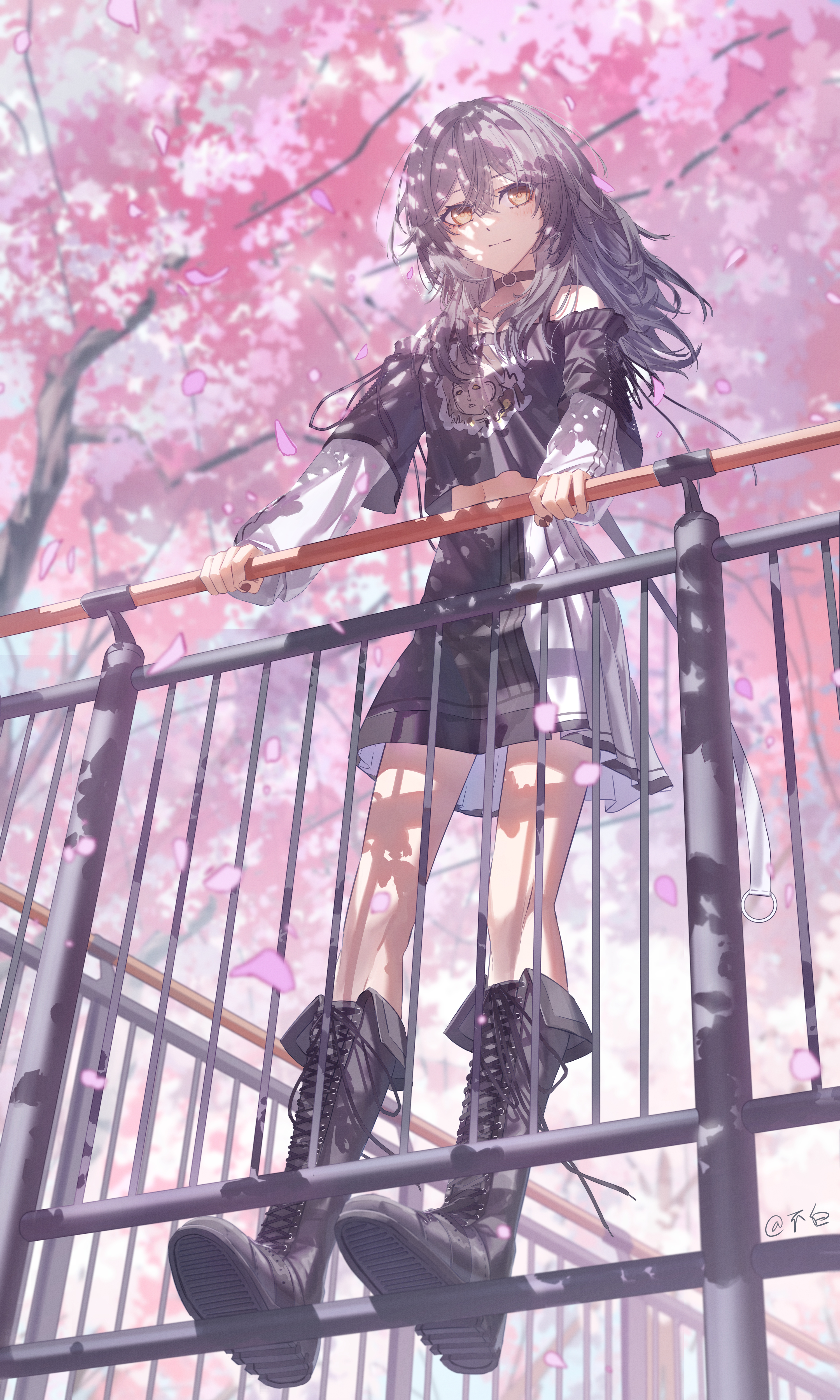 bu bai (wres2744), stelle (honkai: star rail), trailblazer (honkai: star rail), honkai: star rail, honkai (series), absurdres, commentary request, highres, 1girl, alternate costume, black boots, black choker, black shirt, black skirt, boots, brown nails, character print, cherry blossoms, choker, closed mouth, dappled sunlight, day, falling petals, from below, hand on railing, knee boots, long hair, looking at viewer, midriff peek, nail polish, navel, off-shoulder shirt, off shoulder, on railing, outdoors, petals, print shirt, railing, self character print, shirt, skirt, solo, sunlight, tree, two-tone skirt, white skirt
