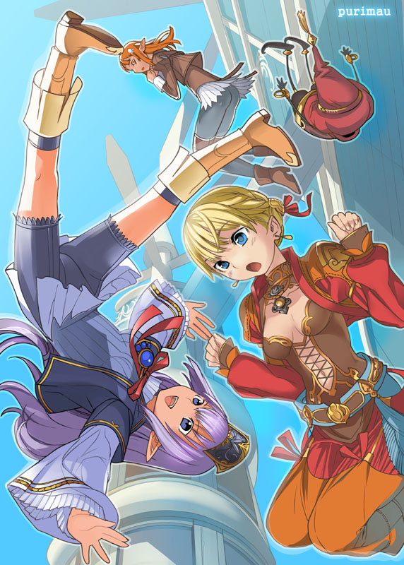 robina, afumau (final fantasy), elvaan, prishe, ulmia, final fantasy, final fantasy xi, 00s, blonde hair, blue eyes, elf, falling, flat chest, hat, long hair, navel, open mouth, orange eyes, orange hair, pointy ears, puppet, purple hair, short hair, smile